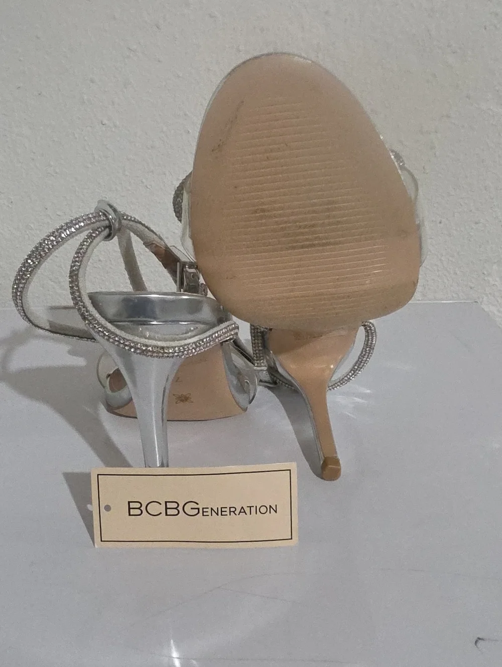 BCBGeneration Illara Silver Crystal Bow Ankle-Strap Heels